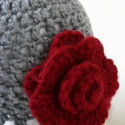 Gray Ruffle cloche with Deep Red Rose, Newborn Hat