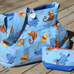 SALE OOAK Wide Bottom Handmade Pooh fabric Diaper Bag with zipper bag combo- Ready to Ship